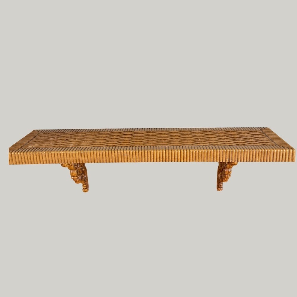 Vintage Homco Faux Rattan Wicker Wall Shelf Brown Ornate Brackets 1979 USA